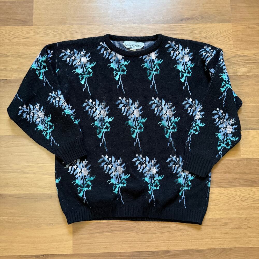 Women's Vintage 80's Kate Collins Black Floral Knit Pullover Crewneck Sweater S